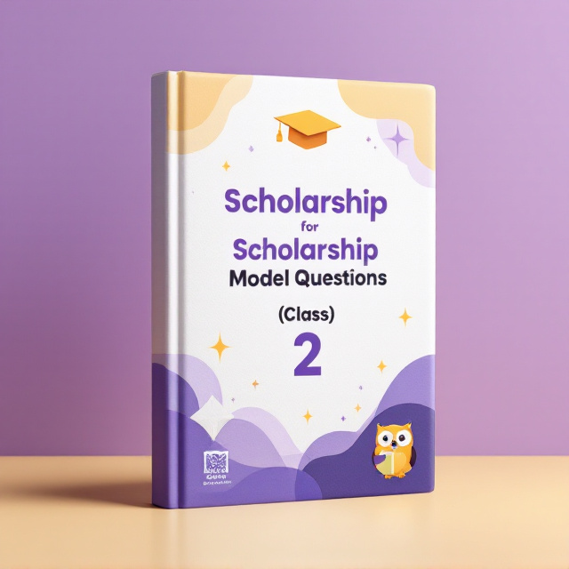 A clean and cheerful matte finish cover with a soft-touch texture in white with gradients of violet. On the top, a small yet prominently colorful graphic of a graduation cap in violet and yellow is placed. The medium-sized title "Scholarship Model Questions (Class 2)" is centered in the middle with slight spot gloss, making it shine elegantly against the matte background. The book's bottom corner features a cute mascot icon of an owl with books or a small school logo to tie in the education theme. The background includes subtle geometric patterns in light violet hues for added visual depth.