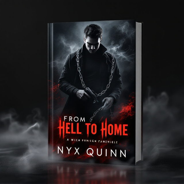 The cover features a smoky gradient background in blacks, deep reds, and grey. In the center, KJ’s shadowy silhouette dominates, his sharp features and intense eyes piercing out of the darkness, exuding power and intensity. Crysta, slightly behind him, appears vulnerable with a torn wedding dress, her figure partially illuminated by stark, moody lighting. Chains drape across the lower portion of the cover, broken at the bottom, symbolizing conflict and freedom. Smoke curls ominously around the characters, while KJ subtly grips a gun, the weapon blending with the shadows. A faintly glowing wedding ring is delicately visible on Crysta's hand.