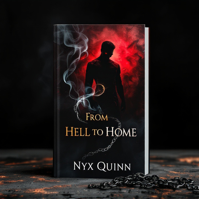 The cover features a dark, smoky background with a gradient transitioning from black at the bottom to deep red near the top. At the center, KJ is depicted as a shadowy silhouette, his sharp features barely illuminated, with fierce, glowing eyes. Crysta stands slightly behind KJ wearing a tattered wedding dress, her form partially illuminated with soft light, emphasizing her vulnerability. A thin curl of smoke rises between them, snaking around subtle broken chain elements below. A faintly glowing ring on Crysta’s finger catches the light. A gun is hinted at in KJ’s hand, partially obscured by shadows.