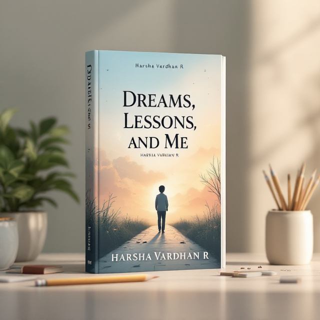 A minimalist design with a split-page concept. The top half features a dreamy sky gradient, transitioning from a soft blue to gentle orange, symbolizing aspirations and ambitions. The bottom half showcases the silhouette of a young, determined individual walking down a path, scattered with books, pencils, and notable objects symbolizing personal growth and school life. The elements are subtle yet motivational. A faint overlay of inspirational quotes or abstract lines subtly fills the background, blending into the rest of the design.