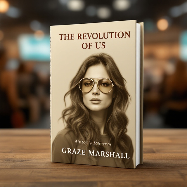 A sepia-toned photograph of a younger Gloria Steinem (late 60s/early 70s) is the central visual element. She is wearing her iconic aviator glasses, symbolizing strength and determination. The background is an intentionally blurred image of a bustling newsroom or an event scene — suggestive of movement, action, and significance. The edges of the photo are softly faded into a minimal cream-toned background, giving the cover a nostalgic yet modern vibe.