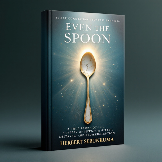A cracked ceramic spoon, placed in the center of the cover, with visible golden seams where it has been mended using the Japanese art of Kintsugi (the art of repairing broken pottery). The background features a soft, glowing gradient of blues transitioning to whites. Surrounding the spoon are faint, ethereal rays of light, symbolizing hope and restoration. A journey-like path in the faint distance leads beyond the glowing horizon.