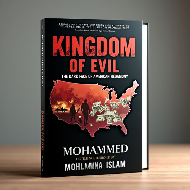 A dark, ominous map of the world as the background, with the United States prominently highlighted in a blood-red hue. The lower half of the cover features silhouettes of warplanes, bombs, and soldiers, creating a stark contrast to the upper half, which includes imagery of Hollywood spotlights, media icons, and dollar bills fluttering from above. The entire design has a weathered, distressed texture, symbolizing the erosion of the façade of democracy.