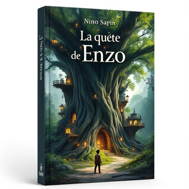 The cover showcases Enzo, a determined young hero dressed in a rugged adventurer's outfit, facing the viewer but slightly angled toward the kingdom nestled in the massive tree trunk. The tree, ancient and vibrant, spans the height of the cover, with glowing lanterns and warm lights dotting its enormous trunk, hinting at intricate homes and bridges hidden in its bark. At the horizon, subtle yet meticulously detailed, the other fantastic kingdoms—like the mountain-top castle, floating cloud city, and mechanical plain city—create a sense of an expansive world. A soft, golden sunlight beams from behind the tree’s upper branches, casting a hopeful glow, while distant dark, swirling mist creeps in ominously from the bottom corners.
