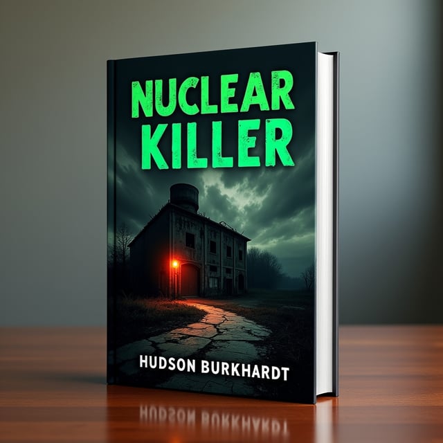 A shadowy, desaturated image of an abandoned nuclear power plant dominates the cover. The plant appears eerily decayed, with cracked concrete, rusted steel beams, and overgrown vegetation creeping over shattered windows. In the foreground, you can barely see a trail of blood leading into the plant, partially illuminated by the dim glow of a flickering warning light. Behind the central structure, the sky is dark and ominous with swirling, smoky clouds. A faint silhouette of a figure holding a knife is subtly blended into the shadow of the plant to increase the sense of dread.