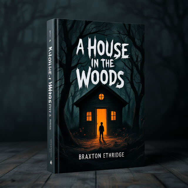 A dark, eerie forest with gnarled trees engulfing the perimeter of the cover. The cabin is dimly lit with a faint, ominous orange glow emanating from its windows. A shadowy silhouette of a boy stands still in the doorway, half in shadow, half in light, creating mystery. In the background, barely visible in the misty woods, distorted and grotesque Skinwalkers with glowing red eyes lurk, adding a terrifying, suspenseful effect. The color palette leans heavily on shades of black, grey, and dark green with subtle crimson accents.
