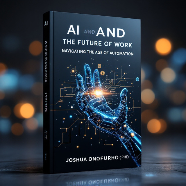 A futuristic, dark-toned cover featuring a glowing abstract human silhouette intertwined with networks of circuits and AI-related graphics in blue and gold. A representation of an advanced robotic hand connecting with a human hand, set against a futuristic city skyline blurred in the background. The mood should feel innovative and forward-looking.