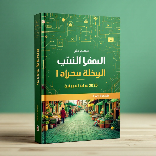 A high-resolution image of a vibrant traditional Algerian market serves as the backdrop, blending into abstract, semi-transparent digital technology icons (like social media logos, Wi-Fi signs, and circuit-like patterns) spread across the upper portion of the cover. The central focus is the bold title placed prominently in the middle with a gradient effect that transitions from green to white.