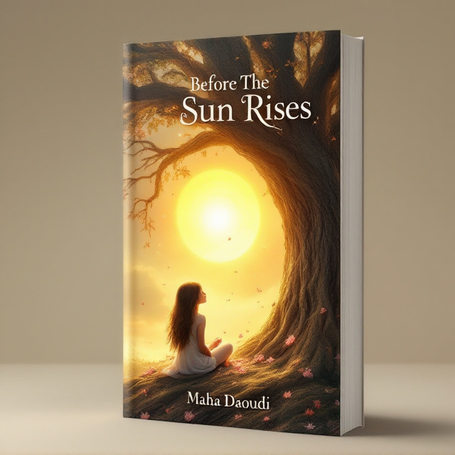 A serene young girl with angelic features sits under a large, ancient tree. Her posture expresses vulnerability yet strength. She gazes toward a glowing, golden horizon where warm, radiant light pierces through the darkness of the background. The tree symbolizes resilience and growth; its bark is rough, yet the branches stretch out protectively over the girl. Gentle petals from nearby flowers fall around her, symbolizing love and hope amidst suffering. The overall color palette balances soft blues, grays, and muted greens to signify struggle, while golden yellows and soft pink hues symbolize hope and love.