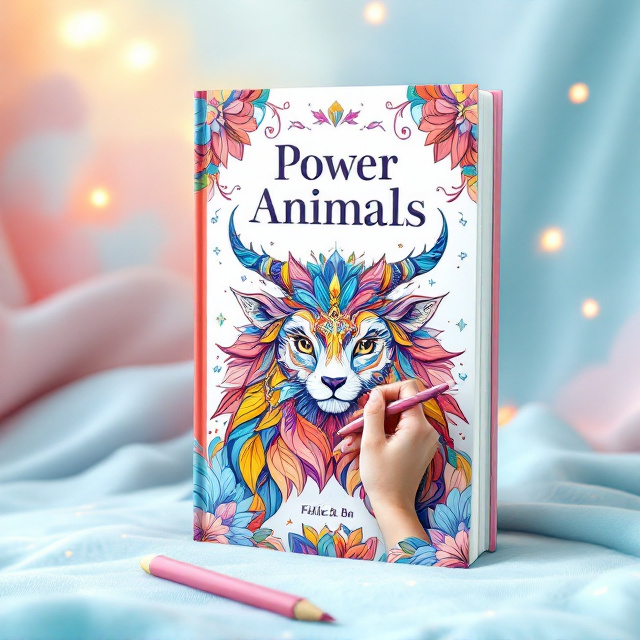 A soft, pastel-colored background showcasing a serene scene with a hand actively coloring an intricate animal-themed design from the book. The hand and coloring utensils (like pencils or markers) are prominently featured, with vibrant hues filling parts of the animal illustration. The peaceful, calming effect is further amplified with soft lighting and delicate textures in the background (e.g., light clouds or watercolor swirls). The author's name is elegantly placed at the bottom, while the title "Power Animals" is boldly positioned above the image in a decorative frame.