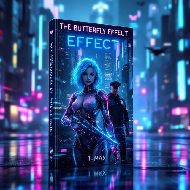 The android woman takes the foreground, slightly off-center to the left with her electric blue hair glowing faintly against the blue and purple neon glow around her. Her energy blaster is held firmly in a diagonal position across her torso, giving her a battle-ready stance. Behind her, the human male in his futuristic police uniform stands in a protective posture, partially obscured to emphasize depth in the composition. The cyberpunk cityscape features towering, hologram-covered skyscrapers stretching into the misty, rain-filled night sky. Flying vehicles and drones dot the distance while the rain-soaked streets reflect the colorful chaos around them.