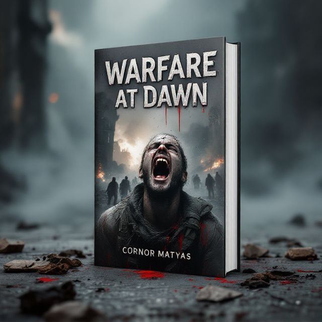 An ominous battlefield at dawn shrouded in mist, with muted shades of grey dominating the scene. A distressed and weathered soldier, mid-scream, occupies the foreground. His anguish is palpable, eyes wide with despair, sweat and dirt streaking his face. Smoke rises from distant explosions fading into the background, where silhouettes of soldiers and broken architecture create a haunting war-torn atmosphere. Sparse, faint red accents symbolizing blood are subtly incorporated.