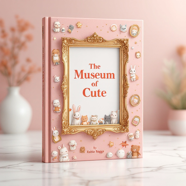 The cover background features a soft pastel pink gradient, with an ornate, gold-foiled picture frame in the center. Inside the frame, there are intricate, charming illustrations of adorable kittens, small fluffy puppies, smiling babies, and classic Japanese "kawaii" characters such as a bunny holding a tiny umbrella and a bear wearing a bowtie. Surrounding the frame are smaller gold-framed vignettes scattered across the cover, each featuring one standalone "cute" element. A sprinkling of tiny, shimmering gold sparkles adds a magical finishing touch.