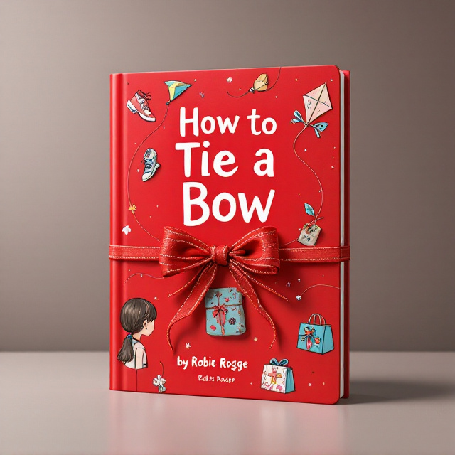 A vibrant and playful cover with a rich red background, reflecting the color of the sample lace included with the book. The elements on the cover include a neatly tied bow on the back of a girl’s hair placed at the top center, a shoe with a tied lace on the bottom left, a colorful kite decorated with bows floating on the top right, a present tied with a bow positioned on the mid-right, and a stylish bag tied with a bow on the mid-left. The entire cover feels dynamic, with the elements interconnected by a looping red lace weaving through, leading to a sample lace tied over the book cover.