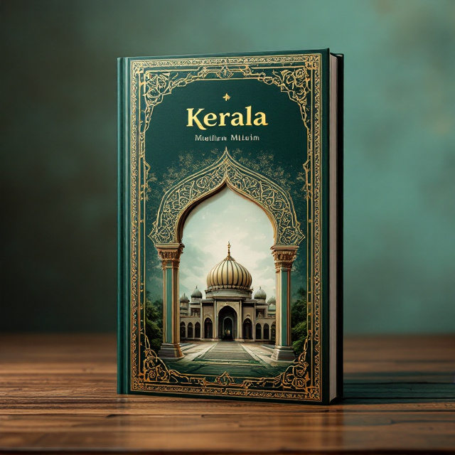 A rich, artistic cover featuring an intricate golden Arabic-inspired geometric pattern as a border, blended with a deep green and earthy background evoking Kerala’s lush natural beauty. The central imagery showcases a symbolic archway or mosque dome set against a faint watercolor-style depiction of cultural elements like a traditional Islamic calligraphy motif. Subtle hues of gold and white add a layered, historical feel. The design emanates a cultural and literary depth suited to Kerala Muslim literature.