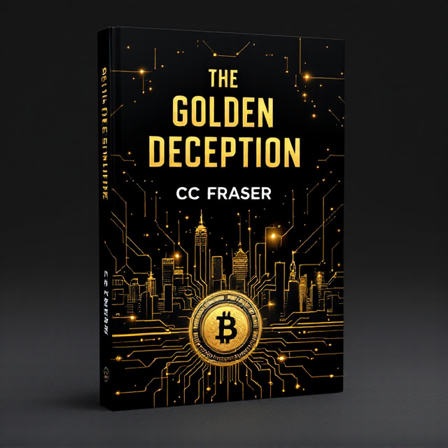A futuristic smart city skyline dominates the background, bathed in moody golden and black tones. The cityscape is illuminated with interconnected glowing circuits resembling a web. In the bottom right corner, subtly visible, is a futuristic currency coin with 12 golden rays extending into intricate circuit paths. The slogan "Harmony Through Progress" is faintly etched on the coin and glows softly, as though lit from within. The overall atmosphere is shadowy and enigmatic, with a blend of technology and intrigue.