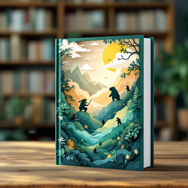 A meticulously crafted papercut book nook design dominates the cover. The scene illustrates layered mountains in gradient hues of green and blue, with soft, whimsical clouds made of intricate paper curls. Miniature ninjas dart amongst the foliage on the trees, and some are mid-battle, wielding kunai, atop massive, snarling bears. The tiny figures are delicately detailed to evoke both mystery and humor. Golden bursts of light appear from occasional clashes, adding a sense of wonder. The border is styled as if peeking into a narrow book nook, framed by intricate paper carvings that resemble bookshelves.