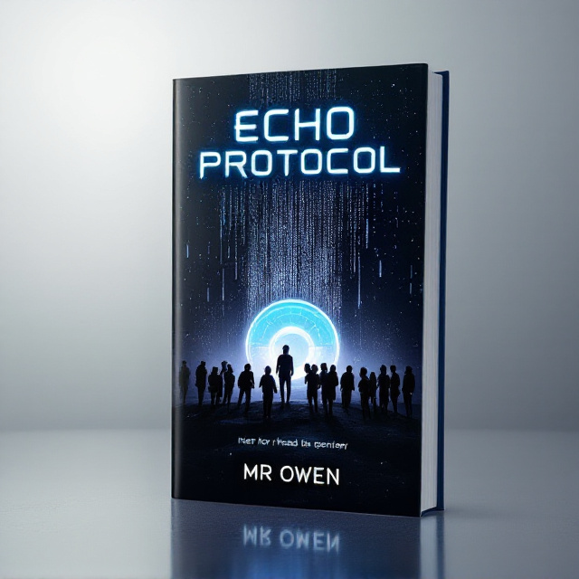 Silhouettes of 20 teenagers stand on the edge of a futuristic island, facing a pulsing, translucent dome glowing with subtle neon hues of blue and white at the center. The background contrasts a dark night sky with a faint glow of digital code cascading faintly like rain. One shadowy figure stands slightly apart from the group, veiled in a shadowed corner. The ground beneath the characters appears metallic, sleek, and reflective, mimicking a high-tech design aesthetic.