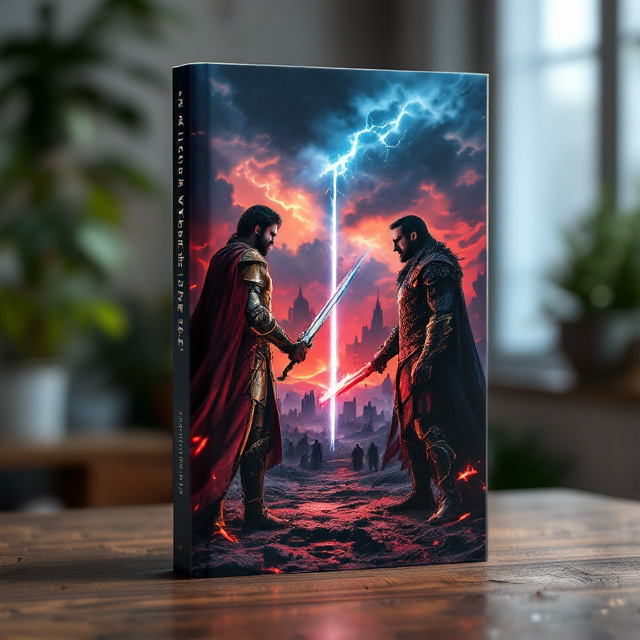 The cover depicts a dramatic battlefield at dusk, the sky painted in ominous shades of crimson and violet. The hero, clad in weathered, golden armor with intricate detailing, holds a radiant sword glowing faintly blue, standing on one side of the frame. The villain, dressed in dark, flowing robes with cracked black armor, brandishes a jagged, fiery red weapon, standing opposite. Both are staring intensely at each other from across a single slash of light cutting through the ground between them. Storm clouds swirl above, hinting at the chaos and stakes. On the battlefield in the background, ruined castles and distant figures in shadows give a sense of desolation.