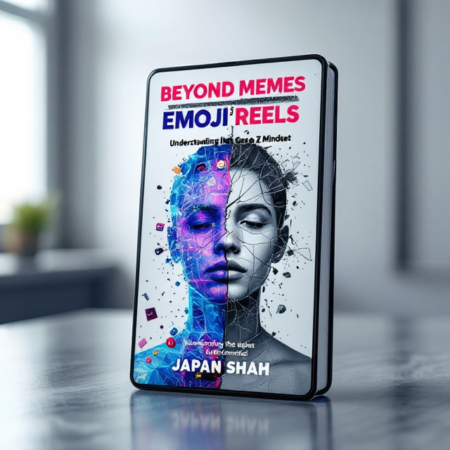 The cover features a fragmented smartphone screen that appears cracked and glitchy. Instagram reels, emojis, vintage meme templates, and chaotic digital artifacts spill across the screen, blending into a half-digitized silhouette of a young Gen Z face. The silhouette is split, with one side showing vivid colors of electric blue, neon pink, and purple, while the other side displays grayscale tones blending into a textured background inspired by internet culture. Subtle nods to MS Paint tools, broken text bubbles, and a cursive Tumblr aesthetic are interwoven throughout.