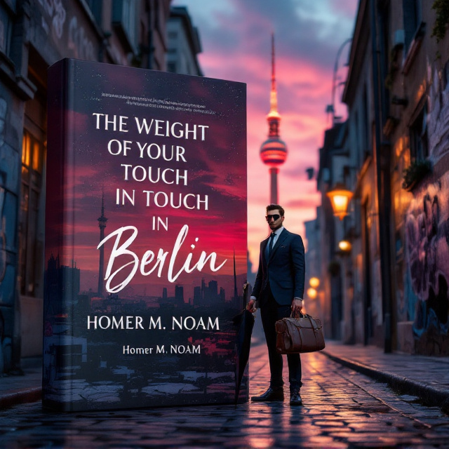 A captivating Berlin cityscape at dusk, with the Berlin TV Tower prominently visible against a vibrant sky of pink and orange hues. In the foreground, a fashionable gay man in a fitted suit and stylish shoes stands to the right and slightly turned to the side, umbrella in one hand, the other hand clutching a sleek leather duffle bag. The man’s pose radiates confidence yet hints at introspection. The surrounding urban setting includes textured walls with graffiti and a cobblestone street, emphasizing Berlin’s raw, modern aesthetic. The overall mood is passionate and intimate with a warm palette and subtle, glowing highlights.