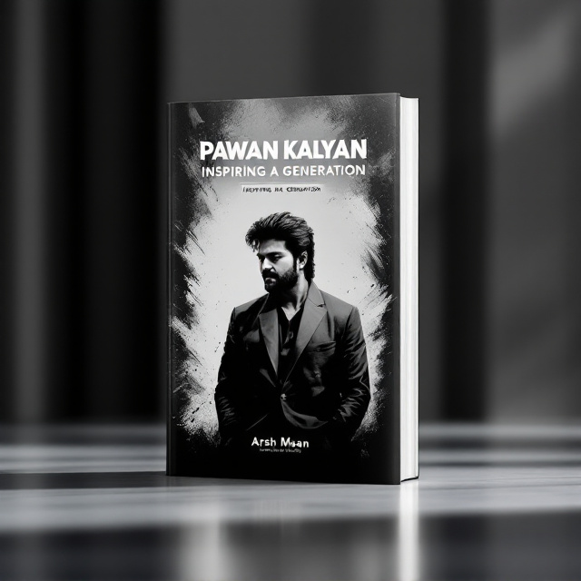 A minimalist design featuring a striking black-and-white portrait of Pawan Kalyan in a reflective pose, slightly faded into the background. His figure is framed with white brushstroke patterns, symbolizing a dynamic and inspiring persona. The background is a gradient blend of white transitioning into black, creating a sophisticated and powerful contrast.