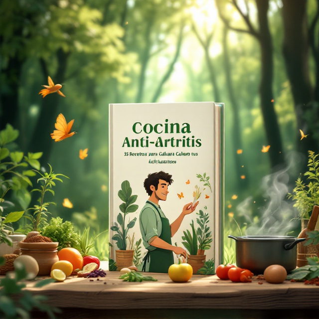 A serene forest scene done in a Studio Ghibli-inspired animation style, with soft and detailed brushstrokes. A glowing green light filters through tall, leafy trees, and a gentle breeze sways the grass and wild herbs. At the center of the cover, a serene man in a relaxed pose resembling Jesus stands at a rustic wooden table made of natural wood. The man is surrounded by fresh vegetables, fruits, and earthy spices in small jars. Gentle cooking steam rises from a pot in front of him, blending seamlessly into the soft light that surrounds the man. Birds and butterflies add a touch of vitality as they interact with the natural environment.
