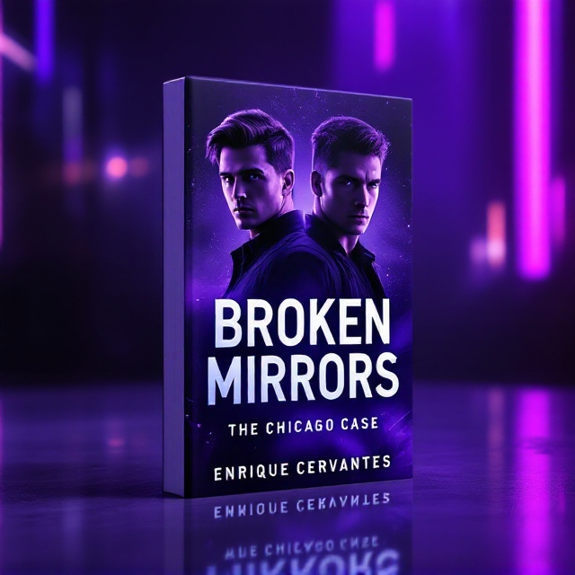 A dynamic, cinematic-style cover showing the two brothers, Joseph Cervantes and Ryan Nicolas, as central figures. Joseph stands on the left, poised and determined, with a youthful yet sharp look, his slightly longer hair glowing faintly under a purple hue. On the right, Ryan Nicolas is bulkier and more composed, exuding seriousness, his shorter, slightly spiky hair catching shadows. Both are illuminated with a faint purple glow. Behind them, faded yet captivating, are the figures of Jasper, Apollo, and Emily appearing in soft focus, as though they are haunting the background. Looming over the characters is a shattered image of Chicago’s buildings, cracked glass spreading from the center. The background is an epic swirl of dark black and purple gradients infused with faint streaks of light, emphasizing a dark, action-packed theme.