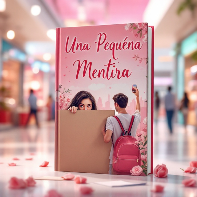 The cover shows a bright and cheerful shopping mall with pastel tones, dominated by soft pink hues as the primary color. A teenage girl with long dark hair peeks mischievously from behind a cardboard cutout, her smartphone slyly held, snapping a photo of a handsome boy with light brown eyes, standing near a shop window. The background subtly fades into the outline of a modern high school, where faint silhouettes of students gossiping blur into softness. Scattered roses lie on the ground near her feet, hinting at romance. Small details like a handwritten note peeking out of her backpack add intrigue.