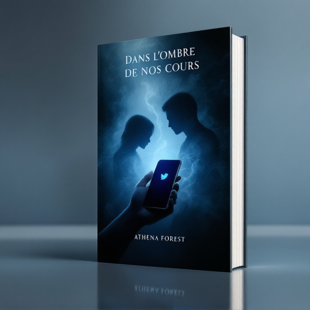 A dark and moody background with a gradient of deep blue melting into black and touches of gray smoke or mist swirling within. At the bottom of the cover, there is a shadowy yet detailed hand holding a smartphone, lit dimly by the blue light of the phone screen, which clearly shows the iconic Twitter bird logo. In the background, two shadowy figures—Nikolai and Apollon—are positioned abstractly, facing away from each other but blending slightly into the mist, depicting emotional distance and mystery. The entire scene plays with layers of shadow and blurred elements to evoke emotions of secrecy and tension.