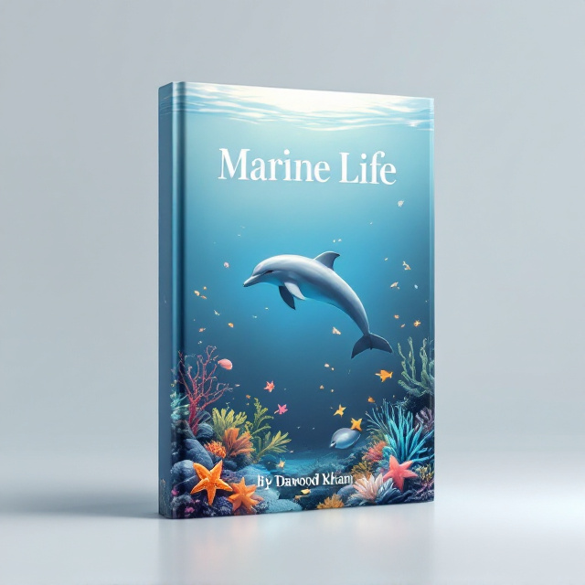 A serene underwater scene featuring a dolphin swimming gracefully in clear blue-gray waters, surrounded by vibrant marine life like starfish, small schools of fish, and coral. The background is a gradient of soft grays transitioning into lighter hues, creating depth and a calming effect. The title "Marine Life" is prominently positioned above the dolphin, with gentle waves underlining the text.