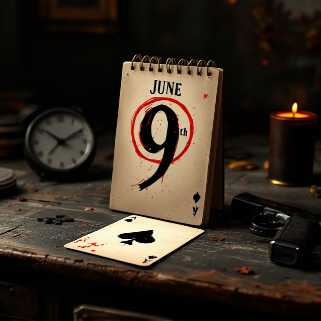 A weathered, old wooden desk occupies the background with a shadowy, dimly-lit atmosphere. A calendar stands at the center of the desk, its page unmistakably displaying “June” with the number “9” prominently circled in a harsh red marker. Beneath the calendar, an Ace of Spades card lies slightly askew, its edges worn and smudged, evoking both intrigue and decay. A sleek black handgun rests on the opposite side, its metallic surface catching subtle glints of light to stand out ominously. The color palette is dominated by deep reds, blacks, and creams, leaving a stark and brooding feel.