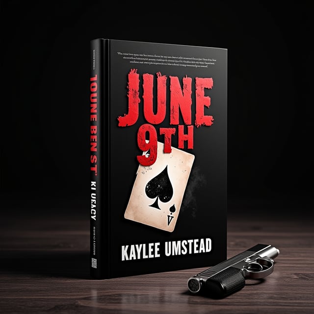 A dark and shadowy desk surface serves as the background. In the upper section of the cover is a calendar page, slightly torn, with the date "June 9th" prominently circled in bold, blood-red ink that appears smeared and unsettling. Below the calendar lies a slightly tilted Ace of Spades playing card, with its sharp edges faintly casting a shadow. Next to the card, a realistic handgun is placed diagonally, its metallic body gleaming faintly with subtle highlights, signifying danger. The entire cover is drenched in muted, ominous tones of black and red with subtle textures of weathered paper and woodgrain.
