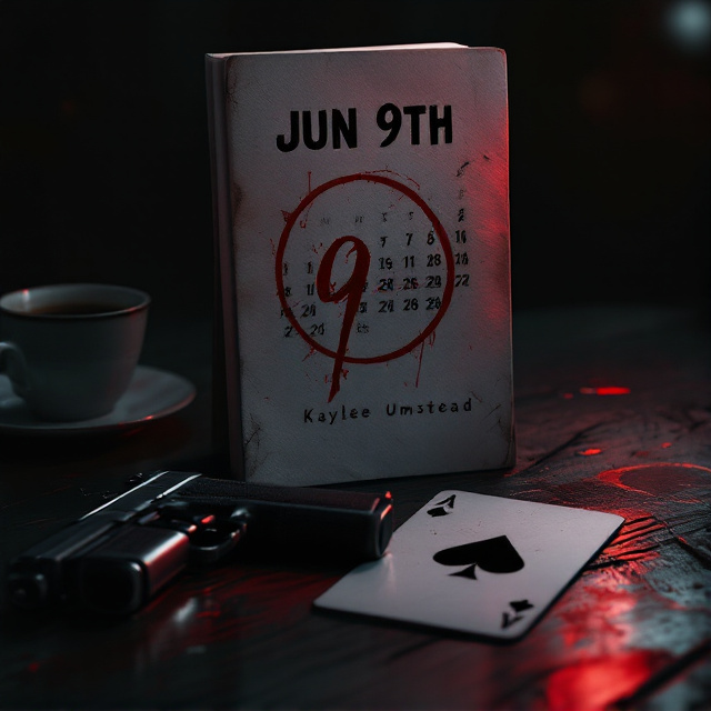 The cover features a slightly worn calendar as the focal point, tilted at a slight angle against a dark wooden desk background. The date "June 9th" is aggressively circled in red, with the ink bleeding slightly. Resting directly beneath the calendar is an Ace of Spades card, partially tilted and casting a subtle shadow. Beside it, a cold, metallic handgun lies flat on the surface, its barrel pointing outward, glinting softly in a dim red-toned light. The desk surface has faint smudges, coffee stains, and scratches, adding a gritty, ominous atmosphere. The entire cover is bathed in subdued, ominous tones of black, dark grey, and crimson, giving it a moody and sinister aesthetic.
