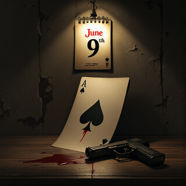 A dimly lit room with a wooden desk dominating the foreground. The wall in the background has a calendar open to the month of June, with the date "9th" circled in bold red ink. The calendar is slightly crooked and hangs on a chipped wall, evoking discomfort and decay. The desk has an Ace of Spades card positioned dramatically next to a sleek, dark handgun glinting faintly in the dim light. Drops of deep red liquid leak from the card's bottom edge, adding a sinister touch. Shadows stretch across the scene, creating contrast and enhancing the mysterious, foreboding atmosphere.