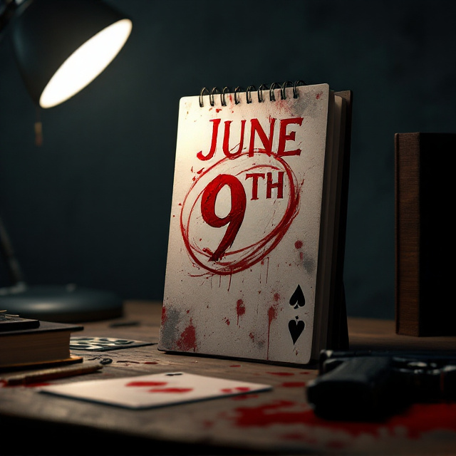 A darkened room with a wooden desk in the foreground. On the desk lies an Ace of Spades card and a sleek black handgun positioned beside it. Behind the desk is a tilted calendar with the month of June displayed prominently, with the date “9th” circled in bold red ink, smeared slightly as if marked in haste or regret. The lighting highlights the objects on the desk, while the background fades into shadowy detail. Hints of crimson red are scattered subtly across the cover — perhaps as blood splatter or symbolic smudges.