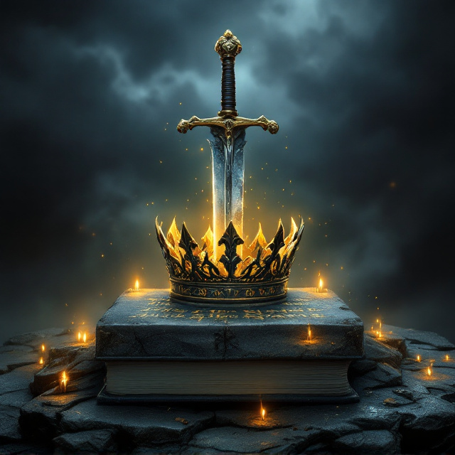 Dark stormy skies form the backdrop, with a grand, jagged sword impaled into a crumbling crown lying atop an ancient stone table. Engraved onto the stone table is a faint shimmering script of someone's name, glowing faintly in muted golden hues. Wisps of fog curl around the edges of the frame, giving an ethereal, tragic atmosphere. Subtle cracks run through the crown and sword, symbolizing a once great, but fractured, legacy.