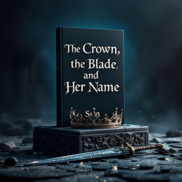 A dark, moody background evoking a sense of ancient times with a gradient of deep navy and black. A shattered crown rests on an aged, intricately carved stone pedestal, its pieces strewn across the foreground and gleaming faintly. A blade, ancient and weathered, lies directly in front of the pedestal, with the reflection of faint, ghostly lettering appearing on its surface. The background fades into a dreamy mist with faint silhouettes of ruins and an eerie, tragic glow.