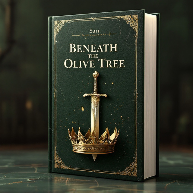 A somber, dark olive-green textured background resembling aged parchment with faint cracks and wear. A broken golden crown with intricate, old-world detailing rests near the bottom center, shattered as if it just fell. A gleaming, ancient blade (a dagger with a symbolic, engraved hilt) lays diagonally across the crown, its reflection catching muted golden light. Behind this, faint shadow outlines of historical architecture fade into the darkness, blending into the olive-green texture. No living beings are present, and a faint, whispery script overlays the edges—whispers of the past.