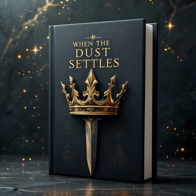 A dark, textured background resembling ancient, cracked parchment or stone. Central to the cover is a majestic, tarnished metallic crown placed diagonally, with a sharp blade piercing through it, symbolizing tragic power and sacrifice. The crown has intricate historical engravings with fading markings of past glory. Subtle dust particles swirl around the composition, illuminated by an ethereal glow from the top-right corner. The subtitle is gracefully positioned under the title, with delicate, ornate embellishments at its sides to enhance the historical romance theme.
