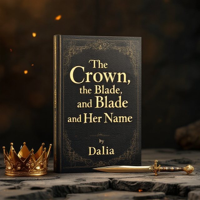 A dark and moody background resembling an ancient historical Iraqi landscape with worn, faded stone textures and faint engravings. In the foreground, a polished golden crown lies partially shifted. Beside it, a small, beautifully crafted blade (dagger-like) leans, pointing downward as if it were laid in mourning. Inscribed on the rough stone texture, the name "Dalia" appears carved into the background but subtly blending in as if it were part of history itself. There’s a hint of warm, tragic amber light cascading over the objects.
