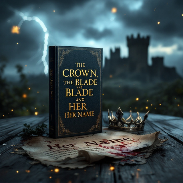 A dark, stormy sky looms over a crumbling medieval castle silhouette in the distant background. In the foreground is a glinting, blood-stained blade placed on a tattered piece of parchment with faint, illegible writing—representing "her name." A fragmented, tarnished crown rests at an angle near the sword. Everything is surrounded by dark, moody shadows, with faint golden flecks floating in the darkness, adding an aura of mystery and tragedy.