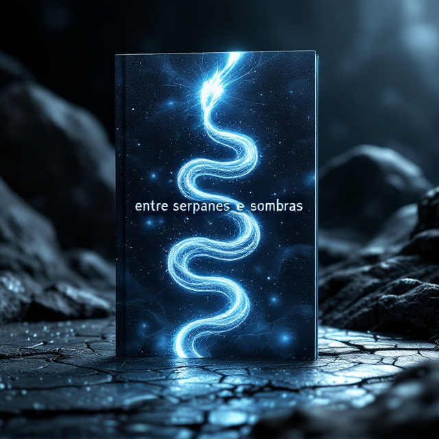 A dark, metallic, and textured background resembling scales of a serpent. A glowing, futuristic snake silhouette winds through the center, splitting shadows and beams of light. The shadows create eerie shapes that almost look like lurking figures, while the colors focus on icy blues and steel grays to evoke a cold yet mysterious emotion.