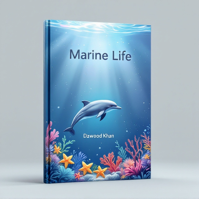 A serene underwater scene with a dolphin swimming gracefully amidst a blue-grey sea, surrounded by vibrant, carefully illustrated starfish and coral reefs. The background features shimmering light rays filtering through the water surface, with small bubbles rising upwards for added depth. The overall tone is calming yet informative, with a focus on the marine life ecosystem, making it engaging for readers.