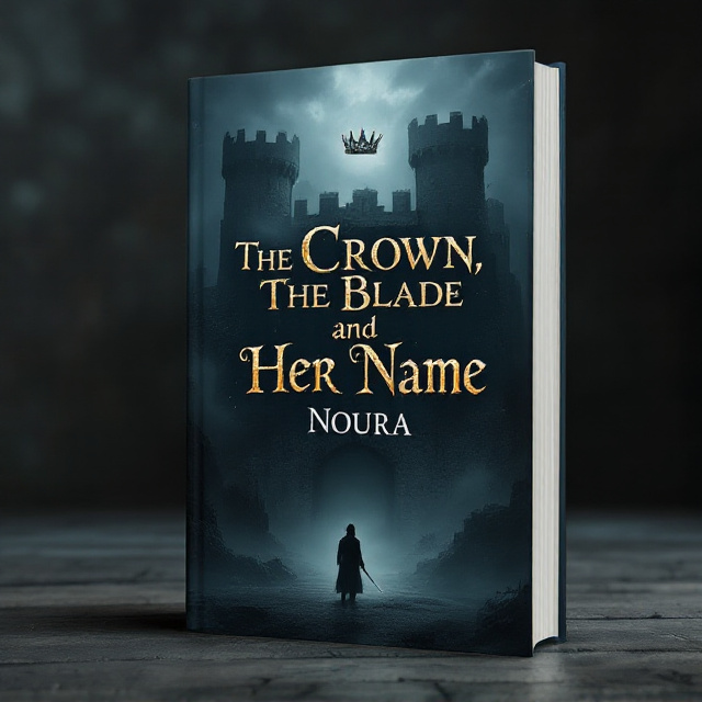 A lone dimly lit scene of an ancient castle shrouded in mist, with a dark figure standing in the foreground. The figure holds a small shining blade by their side. At the top-center, there’s a small, broken crown faintly embedded in the misty clouds. The title is embossed in gold above the castle, and a faint, weathered scroll-like texture washes over the entire cover.
