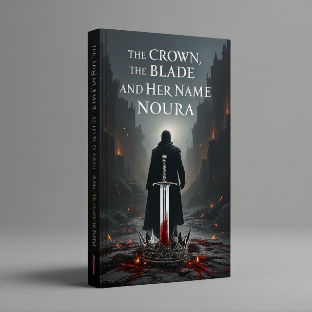 A dark-themed cover with a shadowy figure in medieval attire standing in the background facing away from the viewer. A small, intricately detailed crown lies shattered on the ground, centered at the bottom of the cover. A sleek, blood-stained blade is vertically positioned slightly to the side, pointed downward as if embedded into stone or soil. In the background, a faint silhouette of a crumbling ancient castle with subtle ochre and grey tones, reflecting an atmosphere of historic ruin. The overall tone is somber, with glowing faint embers scattered throughout, enhancing the tragic feel.
