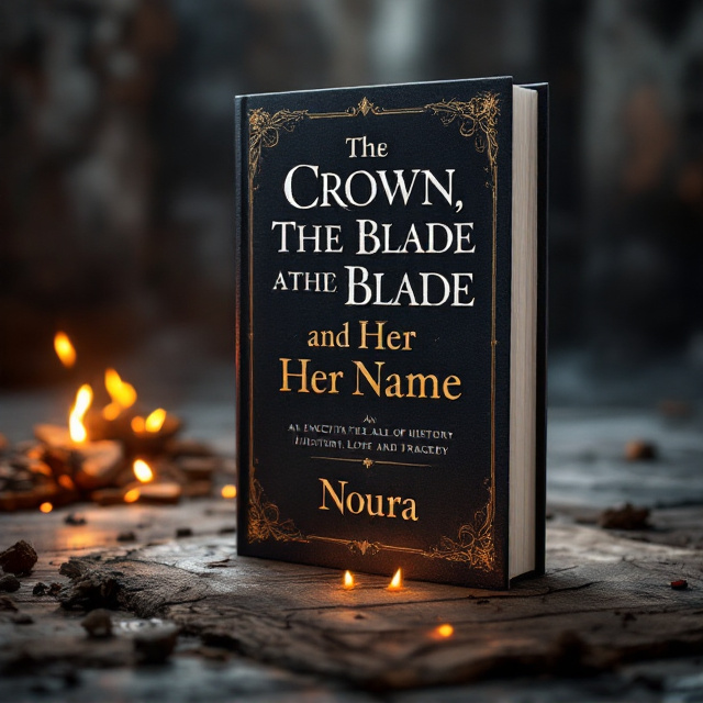 A side profile of a woman standing in partial shadow, clad in a flowing deep navy or dark crimson cloak that blends into the ominous background. A small, battered crown tilted on her head, glinting under faint moonlight. Her hand gripping a sharp, polished blade with an intricate hilt, reflecting light. In the far background, a medieval castle appears—shrouded in mist, partially illuminated by the glowing embers of an unseen fire. The scene is set in a blend of blues, blacks, and soft gold accents to evoke a feeling of tragedy and historical depth.