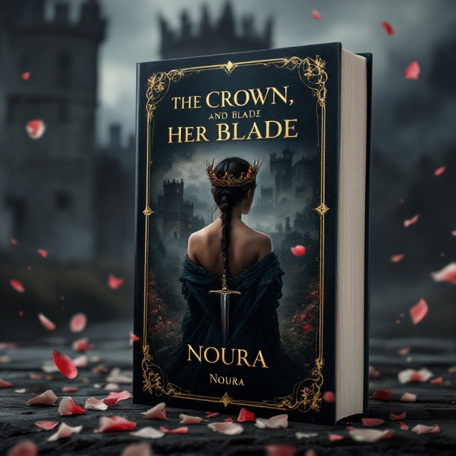 A shadowy medieval castle looms in the background, shrouded by a gray, somber sky. A young woman with her back to the viewer stands in the foreground. She wears a tarnished crown atop her head, her posture slightly hunched as if burdened by its weight. In her right hand, she grips a long, gleaming blade with droplets of blood that catch a sliver of light. The bottom half of the cover morphs into faded, swirling calligraphy, symbolizing "her name," written across ancient parchment. Dispersed petals flutter in the air, carried by an invisible breeze, adding a sorrowful but poetic touch.