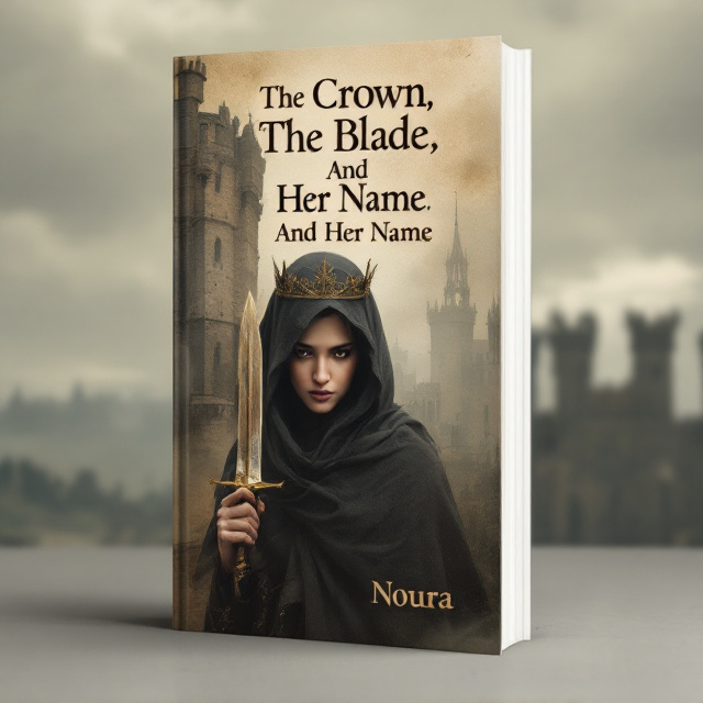 A veiled woman with a melancholic expression is positioned in the foreground, wearing a delicate yet slightly tarnished golden crown. Her hand grips a blade, its edge catching a faint light. In the background, a faded medieval castle looms under a dreary sky. The scene is imbued with an overall tragic aura, with faint mist and soft sepia tones conveying a historical atmosphere. Delicate tears in her veil can be seen, adding to the sense of sadness and storytelling.