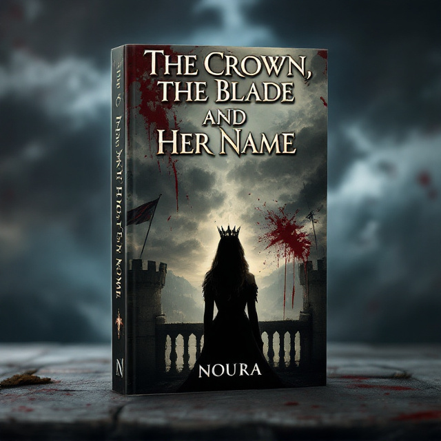 A silhouetted woman standing on a castle’s balcony, her back to the viewer, wearing a tarnished crown. The point of a blood-streaked blade emerges from the foreground. The background is a stormy, overcast sky with darkening clouds, giving it a tragic and historical tone. Faint hints of historical details, such as flags or medieval structures, merge subtly into the design.